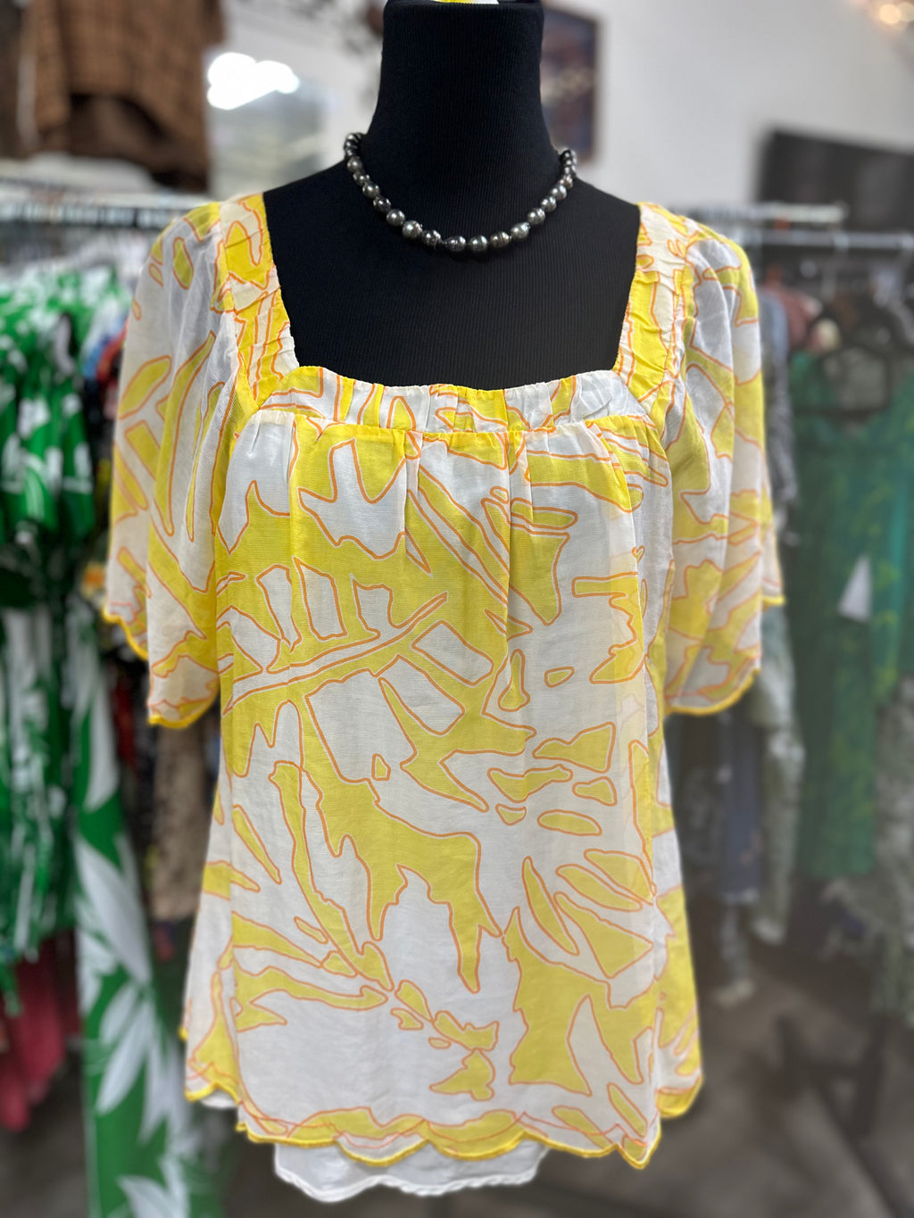 Tori Richard scalloped chiffon, lined blouse. Yellow